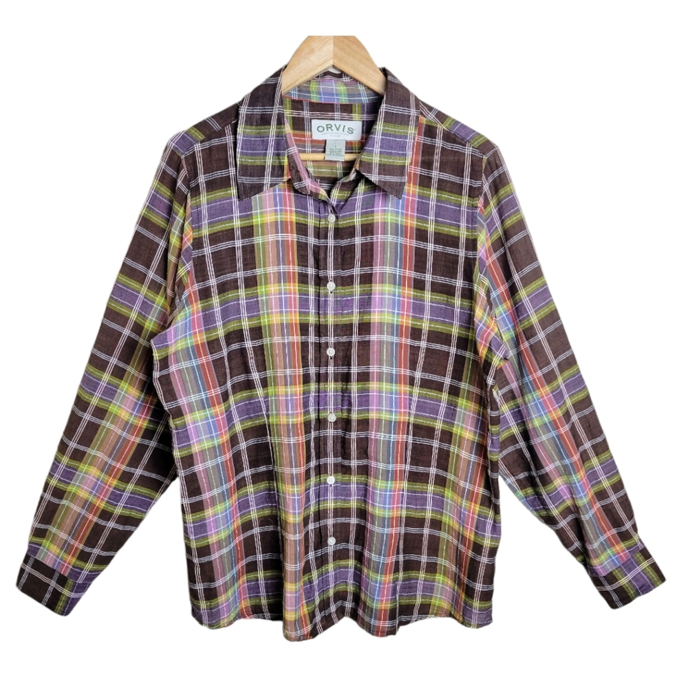 Orvis 100% Cotton Plaid Button Down Shirt Brown Purple Green Size Large …